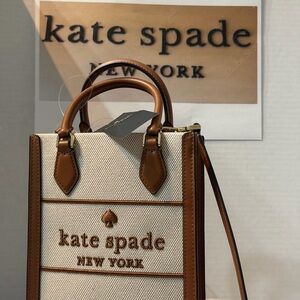kate spade Cream and Brown Canvas Structured Tote with Top Handles